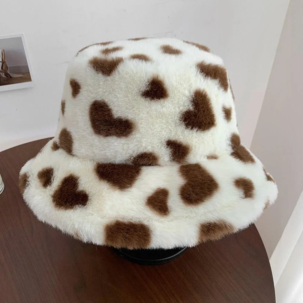 Sweet Faux Fur Fisherman Hat | Fluffy Heart Bucket Hat for Winter &amp; Casual Wear