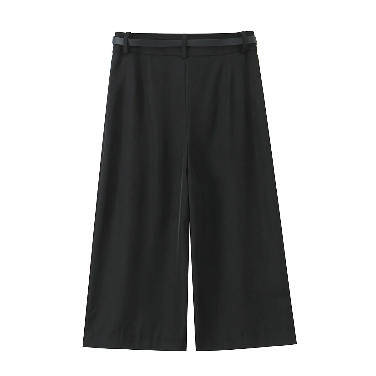 Vintage High-Waist Straight Trousers with Belt | Knee-Length Wide Leg Pants