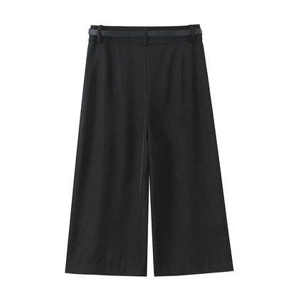 Vintage High-Waist Straight Trousers with Belt | Knee-Length Wide Leg Pants