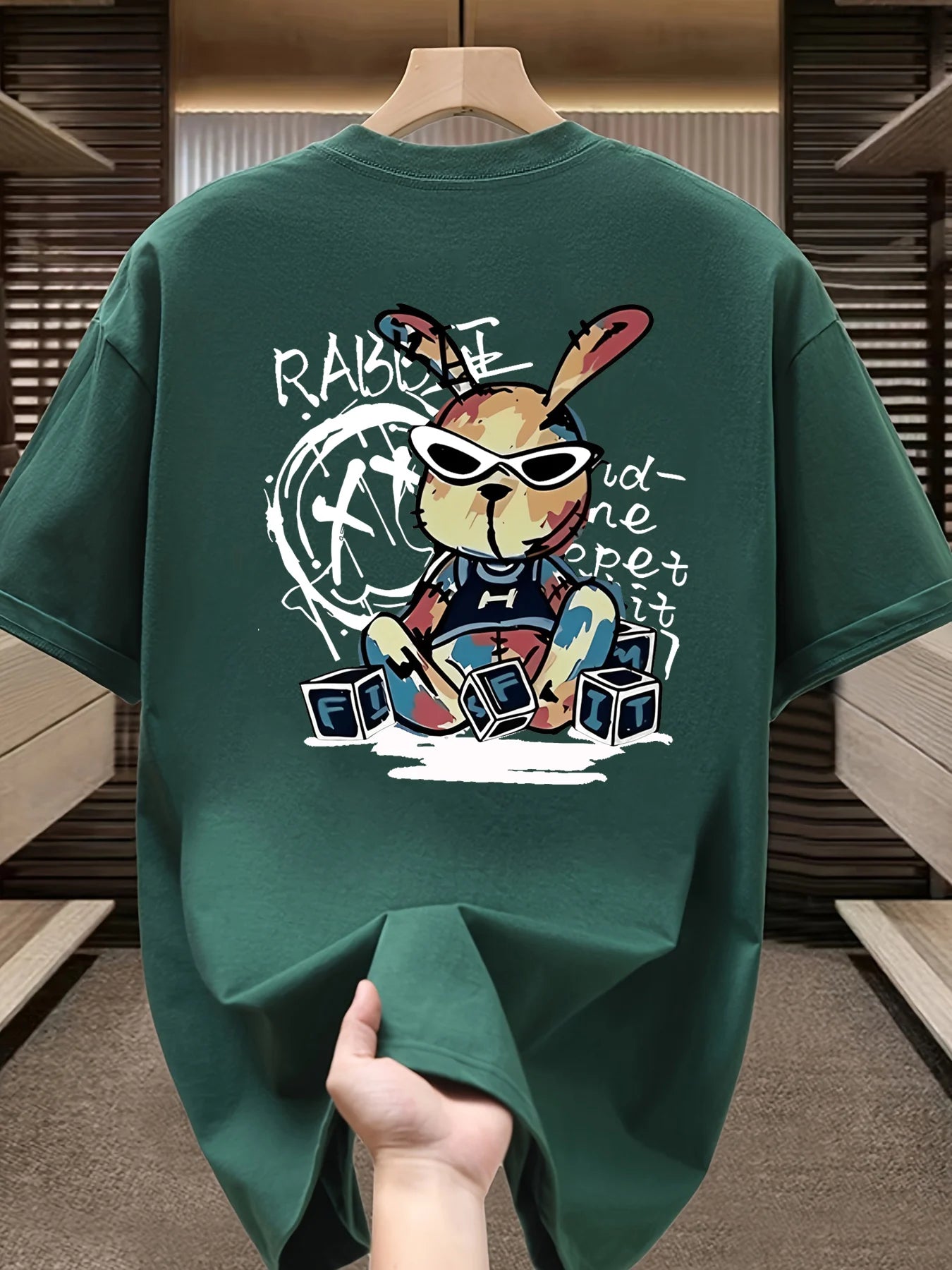 Men’s Summer Cotton Cartoon T-Shirt | Black Rabbit Print