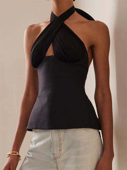 Sexy Women Summer Fashion Tank Tops Solid Color Sleeveless Backless Tie-up Halter Off Shoulder Ruched Vest Streetwear