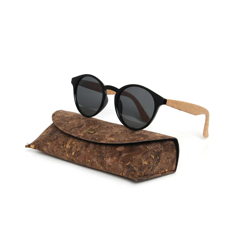 Round Bamboo Grain Polarized Sunglasses with Case – Unisex Wooden Style Shades
