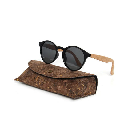 Round Bamboo Grain Polarized Sunglasses with Case – Unisex Wooden Style Shades