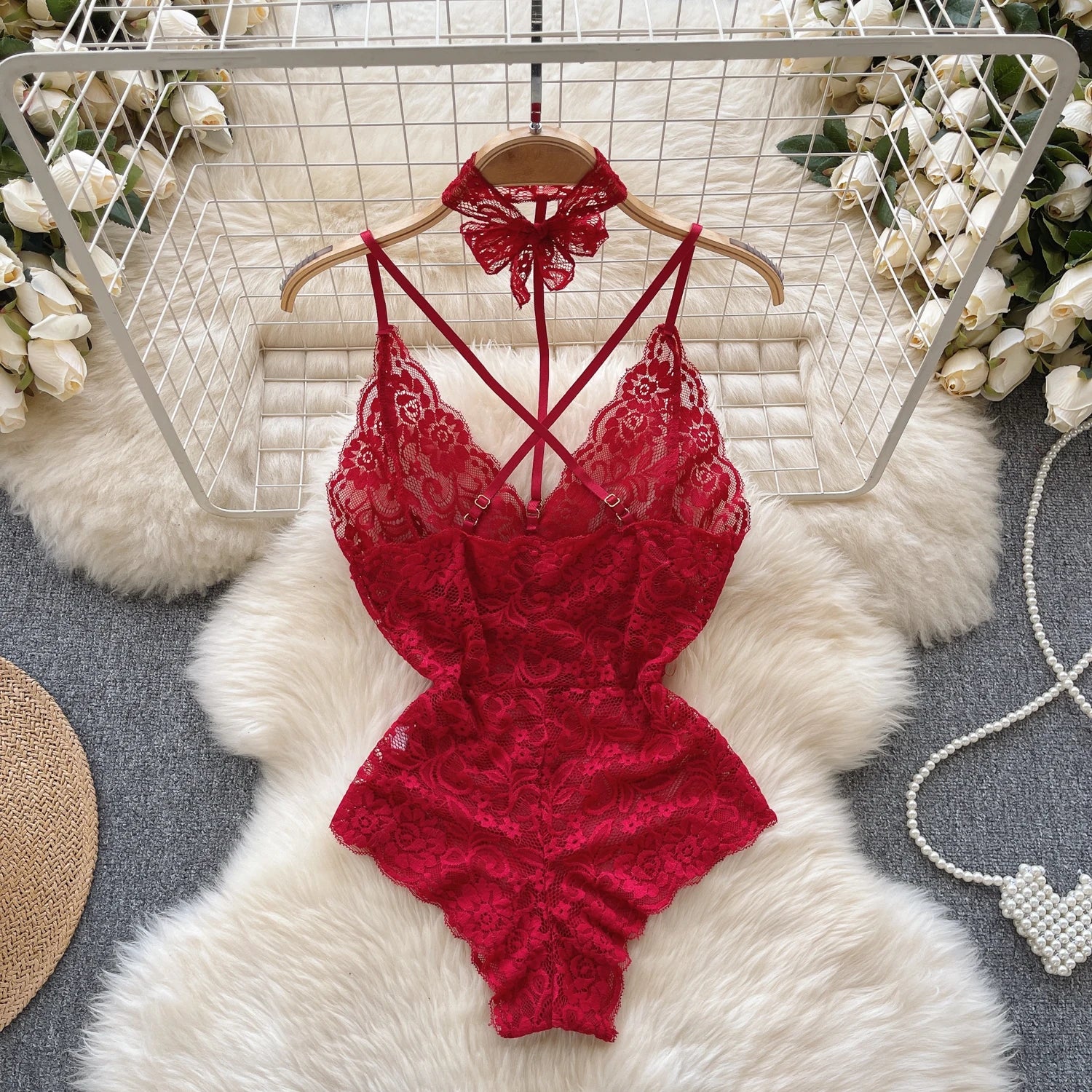 V-Neck Lace Strap Jumpsuit See Through Backless Lingerie