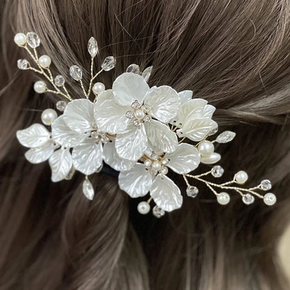 White Handwoven Flower Hair Clip with Pearls &amp; Crystals