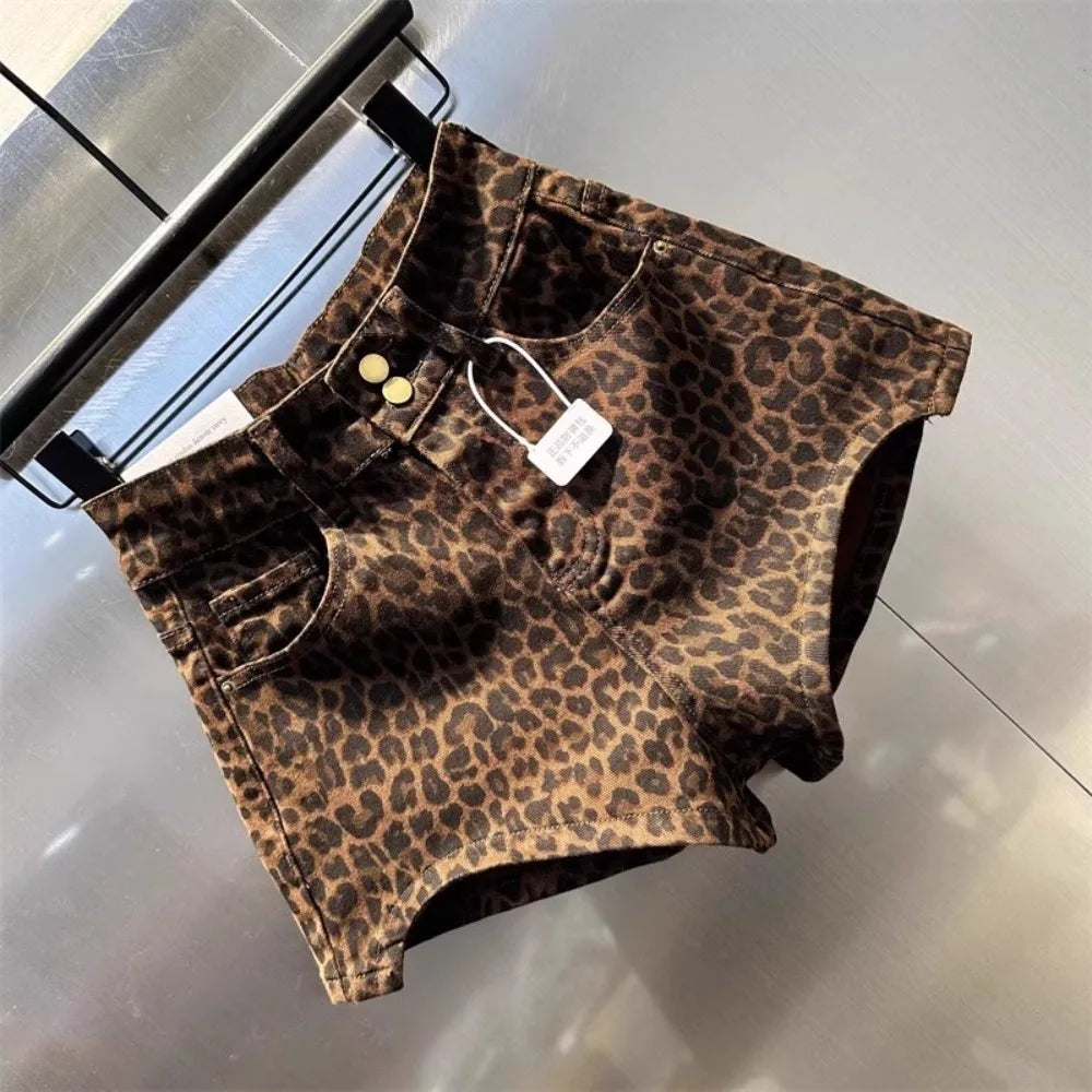 2025 Leopard Print High Waist Denim Shorts Women&