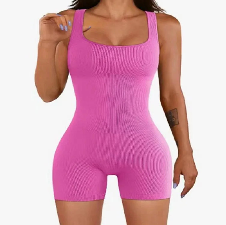 Square Neck Ribbed Shorts Gym Wear Bodysuit for Women