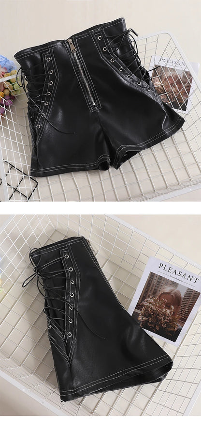 Women’s High-Waist PU Leather Shorts | Casual Wide-Leg Bow Detail