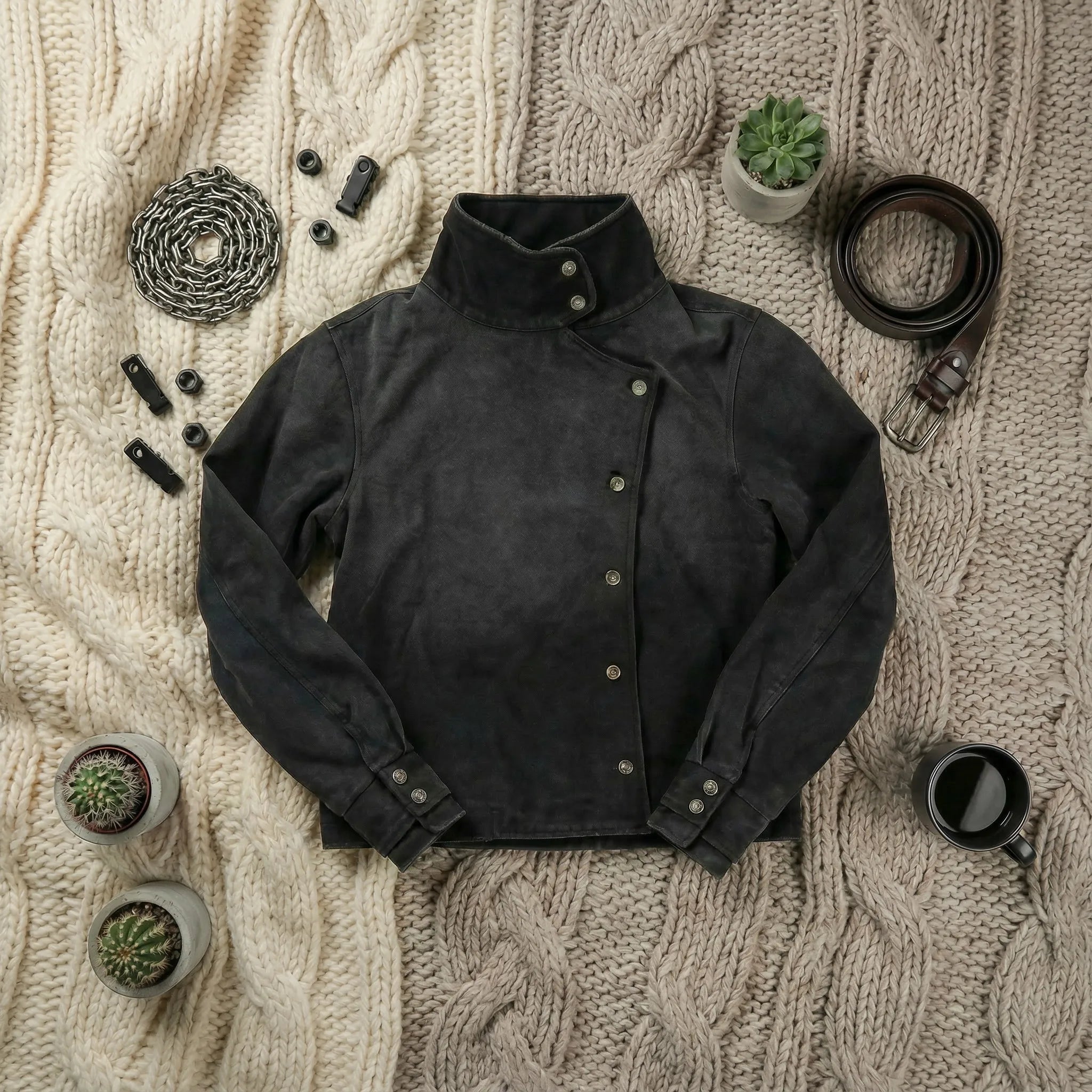 New Trendy Men Womens Black Asymmetrical Collar Short Jacket Y2K Retro Denim Coat Casual Fashion Harajuku Stand Up Collar Coat