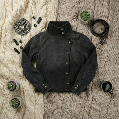 New Trendy Men Womens Black Asymmetrical Collar Short Jacket Y2K Retro Denim Coat Casual Fashion Harajuku Stand Up Collar Coat