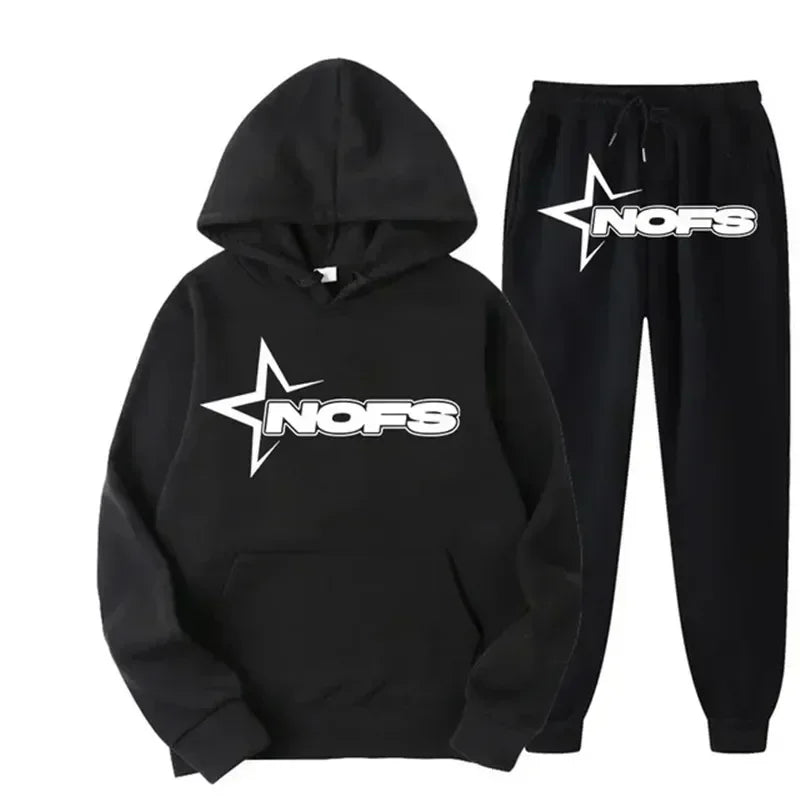 Streetwear NOFS Star Print Tracksuit Black Hoodie and Joggers Set for Men Women