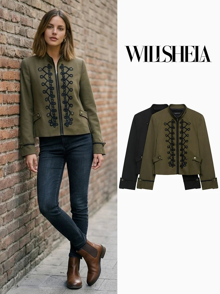 Willshela Women Fashion With Pad Solid Front Zipper Jackets Blazer Vintage Half High Neck Long Sleeves Female Chic Lady Outfits