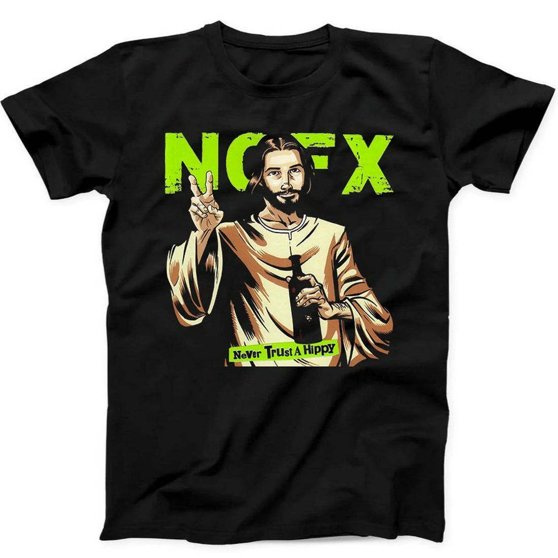 Jesus Never Trust A Hippie NOFX Music Gift Black Tee T Shirt  Summer Men&