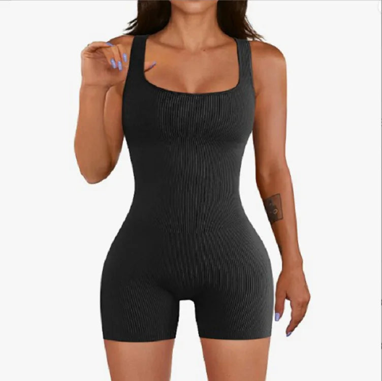 Square Neck Ribbed Shorts Gym Wear Bodysuit for Women