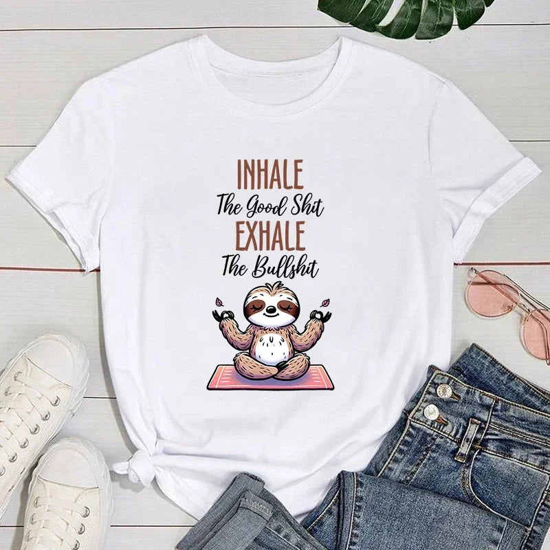 Women’s Yoga Sloth Letter T-Shirt | Casual Harajuku Aesthetic Short Sleeve Tee