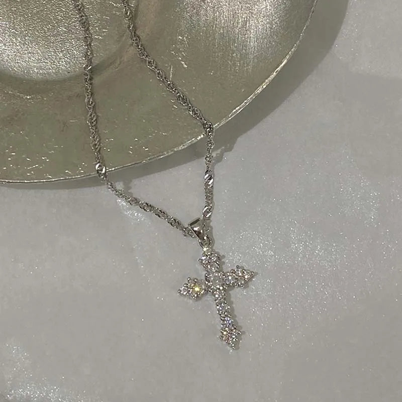 Silver Crystal Cross Pendant Necklace