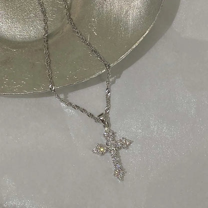 Silver Crystal Cross Pendant Necklace