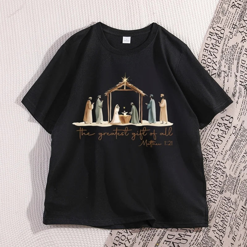 The Greatest Gift of All Tshirt Nativity Religious Christmas T Shirt Jesus Love T-Shirt Casual Cotton Round Neck Graphic Tees