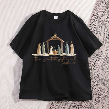 The Greatest Gift of All Tshirt Nativity Religious Christmas T Shirt Jesus Love T-Shirt Casual Cotton Round Neck Graphic Tees