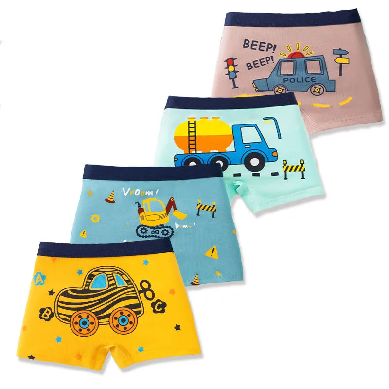 4 Pcs Kids’ Boxer Shorts Set | Cartoon Dinosaur Cotton Underwear