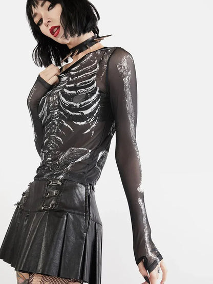Gothic Punk Shirt Women Skeleton Pattern Crop Top