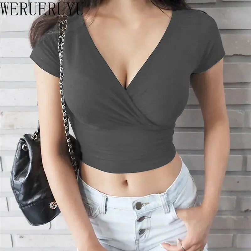 Summer Black V-Neck Short Sleeve Crop Top