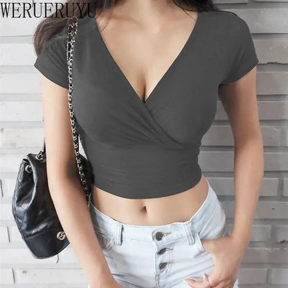 Summer Black V-Neck Short Sleeve Crop Top