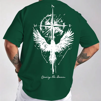Men’s Cotton Compass &amp; Bird Print T-Shirt