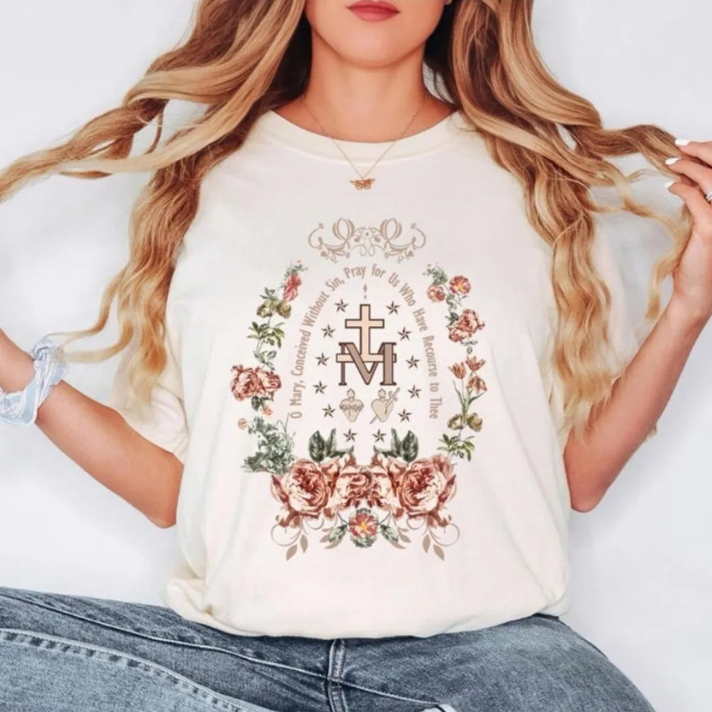Unisex Virgin Mary Cotton T-Shirt – Short Sleeve Christian Tee