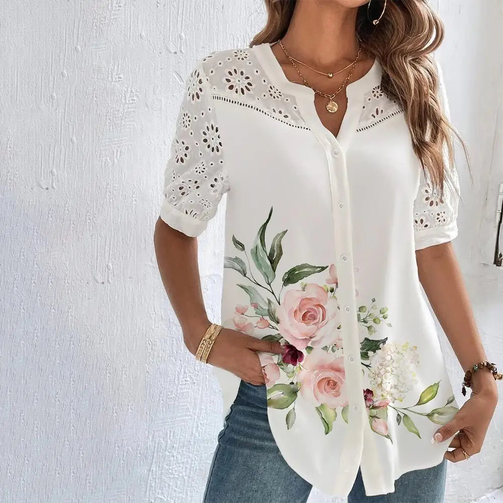 Women’s Lace Casual Short Sleeve Blouse – Elegant Holiday Top