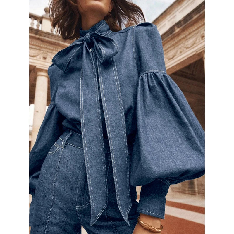 Gymystars New Trendy Imitation Denim Blouse Tops for Women Long Puff Sleeves Bow-Embellished High Neck Women&