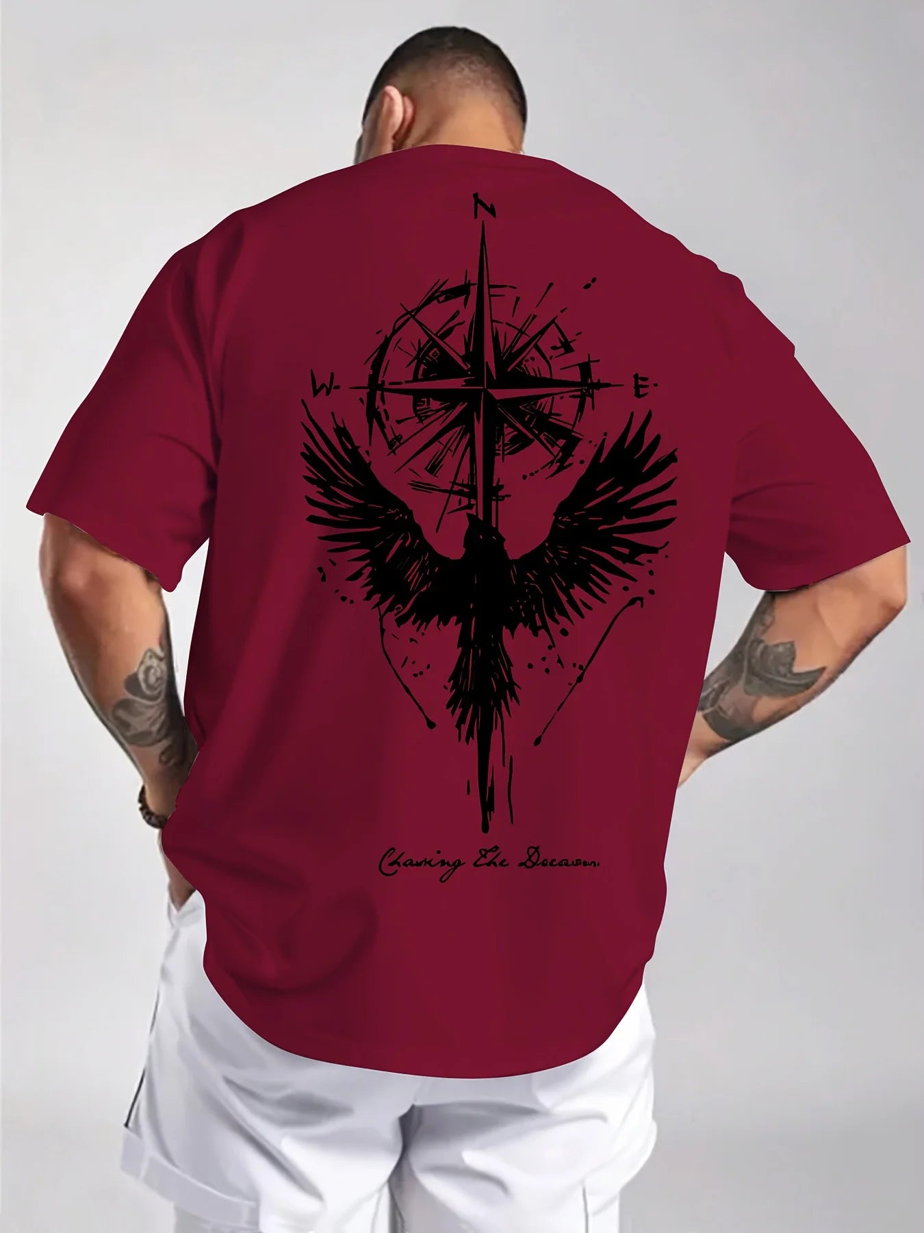 Men’s Cotton Compass &amp; Bird Print T-Shirt