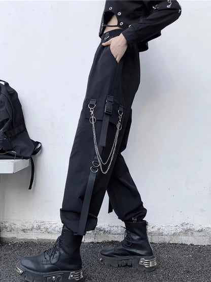 Women’s Punk Cargo Harem Pants – High Waist Joggers with Chains &amp; Pockets