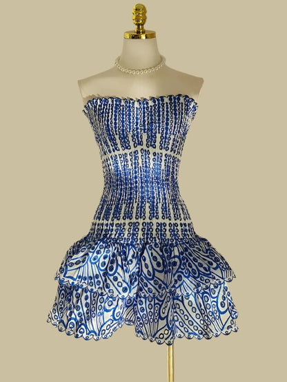 Retro Blue Printed Hollow Out Design Strapless Dress