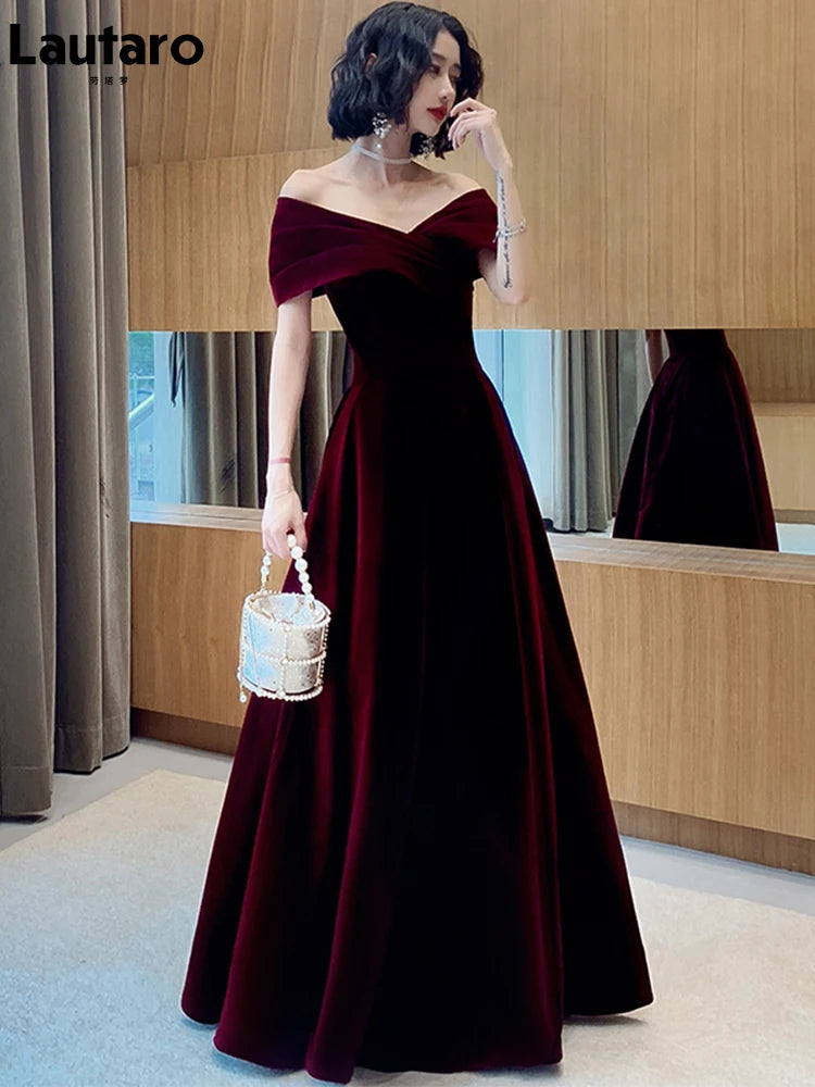 Lautaro Spring Long Luxury Elegant Wine Red Velvet Evening Dress