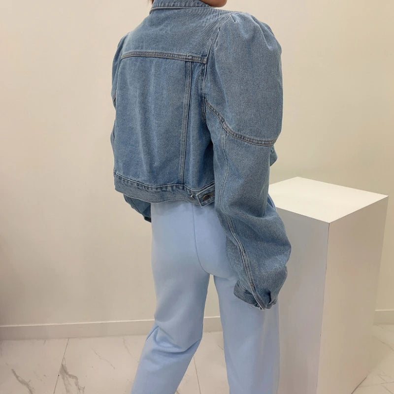 Matakawa Short Jackets Women Solid Autumn Puff Sleeve Vintage Korean Fashion  Denim Chaquetas Simple Elegant Veste Femme