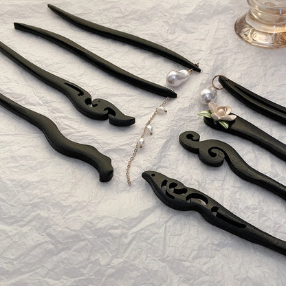 Vintage Chinese Style Black Wooden Flower Hairpin