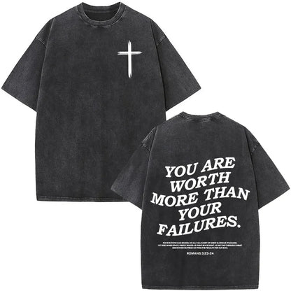 Heart Cross Christian Jesus Faith Over Fear Bible Verse Vintage Washed T-shirts Unisex Fashion Oversized T Shirts Cotton T-shirt