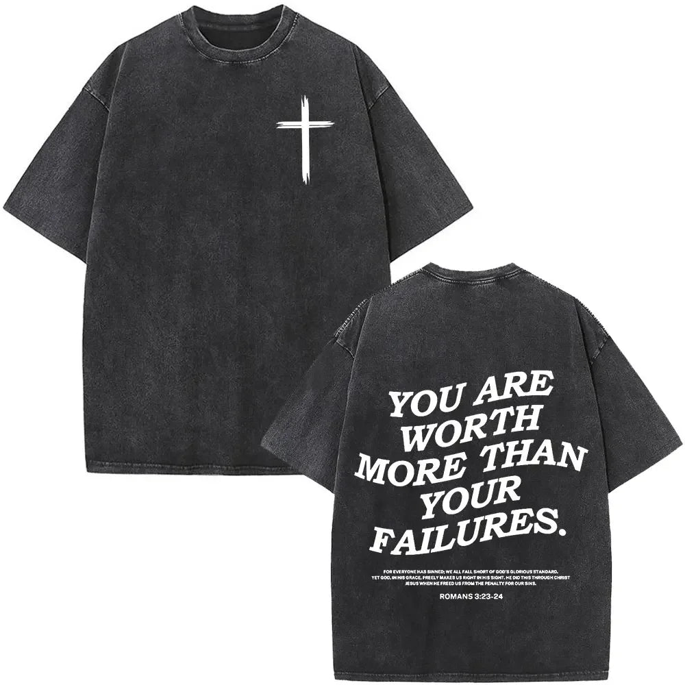 Heart Cross Christian Jesus Faith Over Fear Bible Verse Vintage Washed T-shirts Unisex Fashion Oversized T Shirts Cotton T-shirt