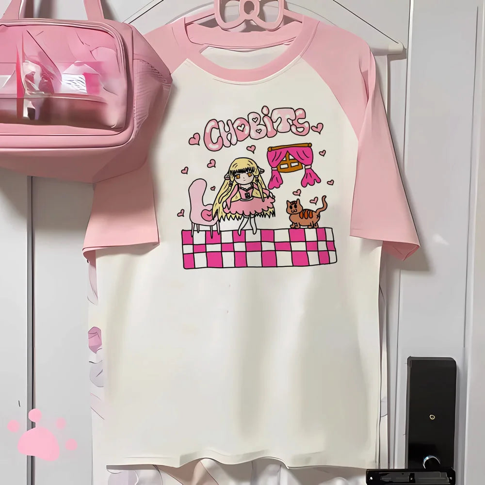 Women’s Kawaii Vintage Cartoon Tee with O-Neck