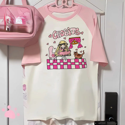 Women’s Kawaii Vintage Cartoon Tee with O-Neck