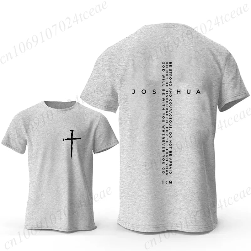 Be Strong and Courageous Bible Verse Tee, Minimalist Cross Christian Shirt T-Shirts, Inspirational Scripture Tops Gift for Faith