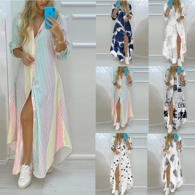 Boho Maxi Dress Turn Down Collar &amp; Long Sleeves