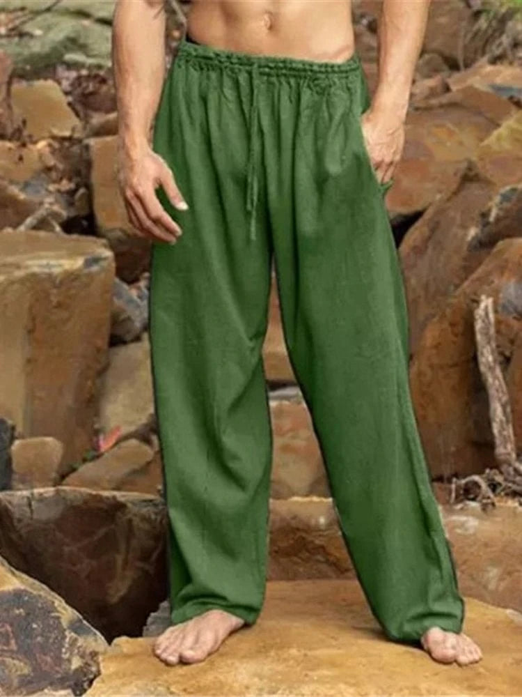 Men’s Loose-Fit Green Linen Drawstring Pants