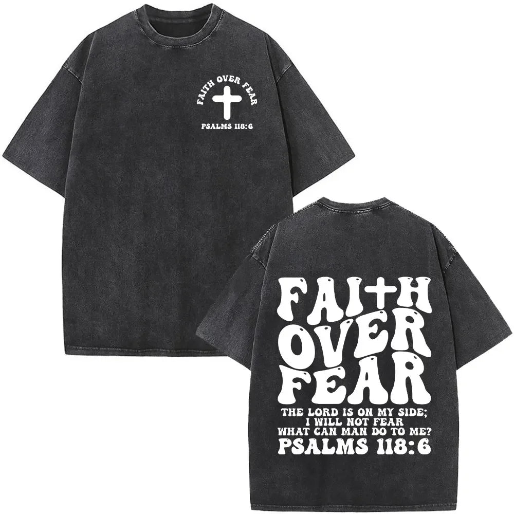 Heart Cross Christian Jesus Faith Over Fear Bible Verse Vintage Washed T-shirts Unisex Fashion Oversized T Shirts Cotton T-shirt