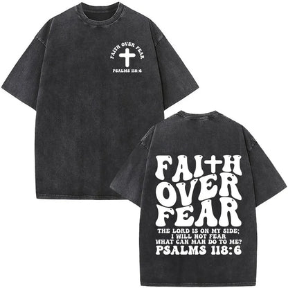 Heart Cross Christian Jesus Faith Over Fear Bible Verse Vintage Washed T-shirts Unisex Fashion Oversized T Shirts Cotton T-shirt