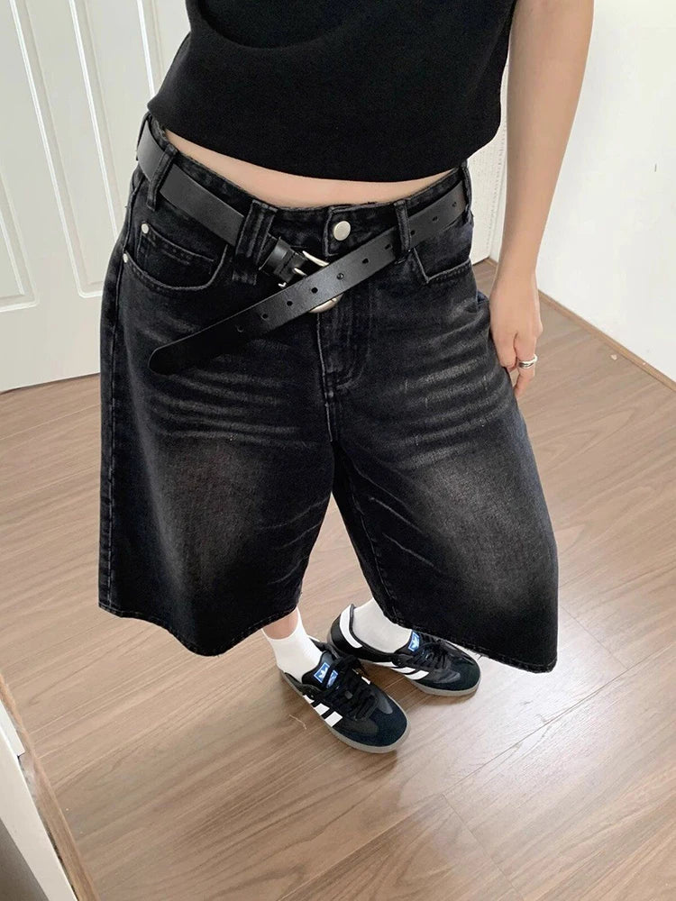 High Waist Black Retro Washed Denim Shorts Women&