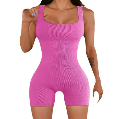 Square Neck Ribbed Shorts Gym Wear Bodysuit for Women