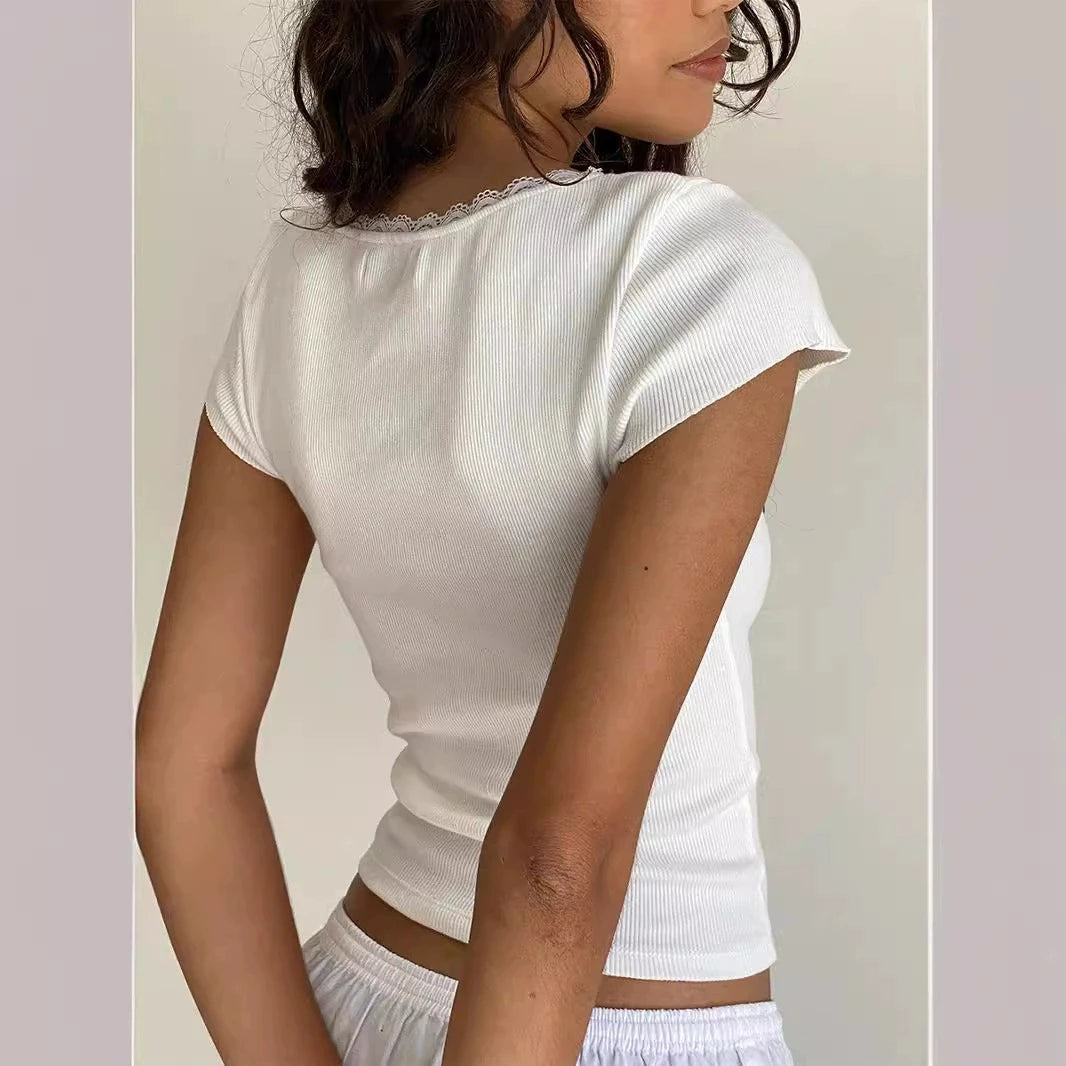 Y2K Vintage Baby Tee – Cottage Lace Trim Knitted T-Shirt
