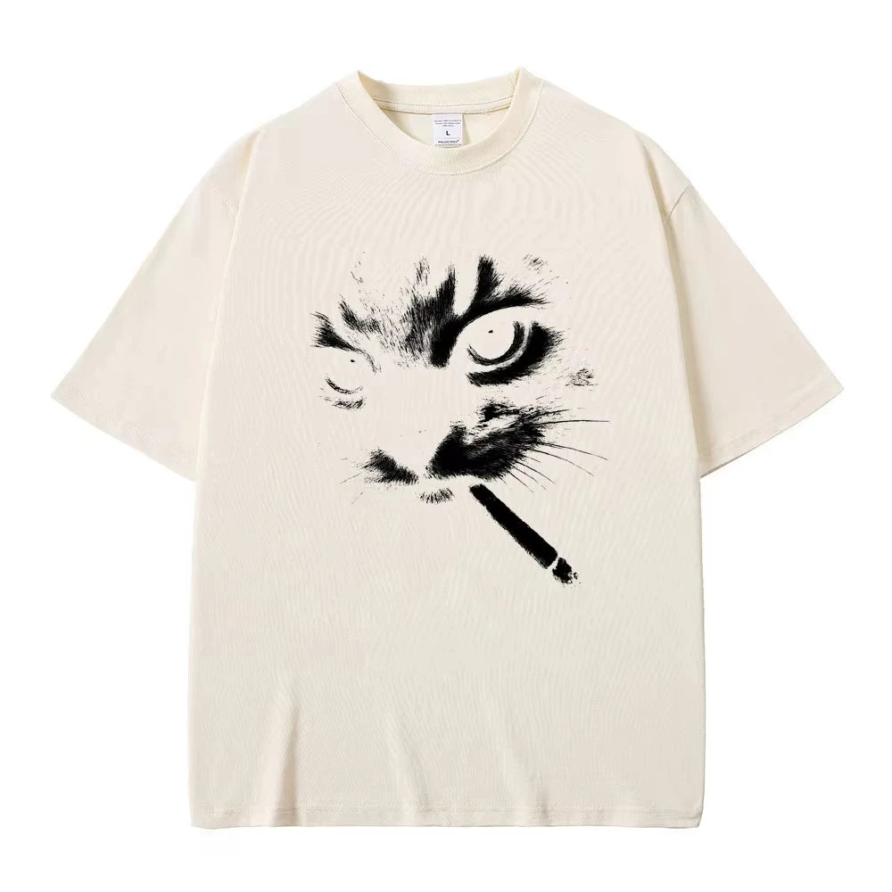 Funny Meme Smoking Cat Face Graphic T-shirts Men Women Casual Cotton Vintage T Shirts Men&